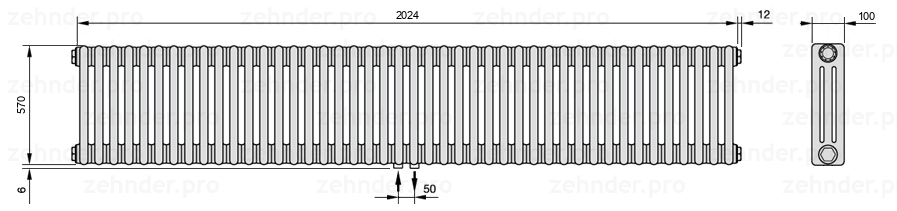 Схема (чертеж) Радиатор Zehnder Charleston 3057/44 №3470 Белый глянцевый RAL 9016